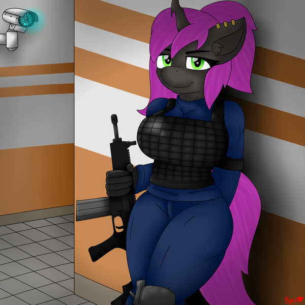 Size: 4000x4000 | Tagged: safe, artist:ryanthecone, derpibooru import, oc, oc:violet nebula, unofficial characters only, anthro, changeling, commission, gun, image, png, rifle, scp foundation, weapon