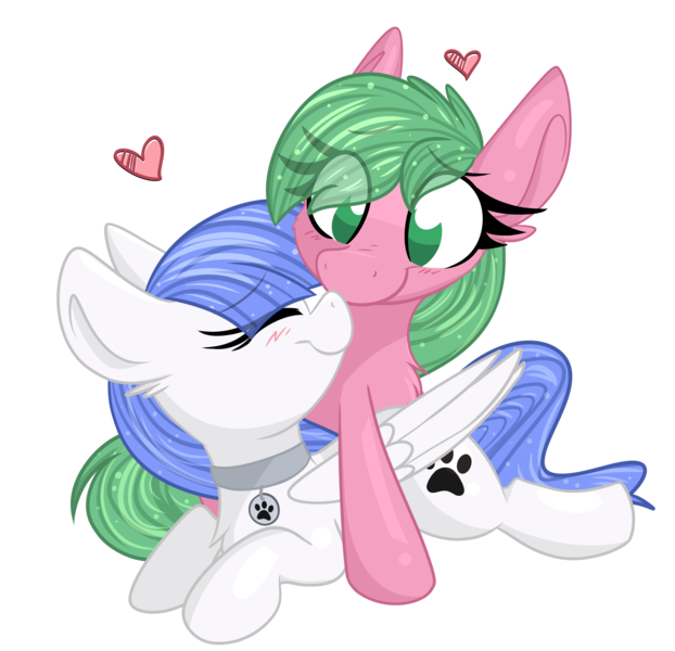 Size: 2800x2700 | Tagged: safe, artist:littleblackraencloud, derpibooru import, oc, oc:pine berry, oc:snow pup, unofficial characters only, earth pony, pegasus, pony, blushing, chest fluff, collar, commission, dog tags, duo, ear fluff, eye clipping through hair, eyebrows visible through hair, eyes closed, female, heart, horn, image, mane, mare, nuzzling, oc x oc, png, shipping, simple background, tail, transparent background, wings, ych result