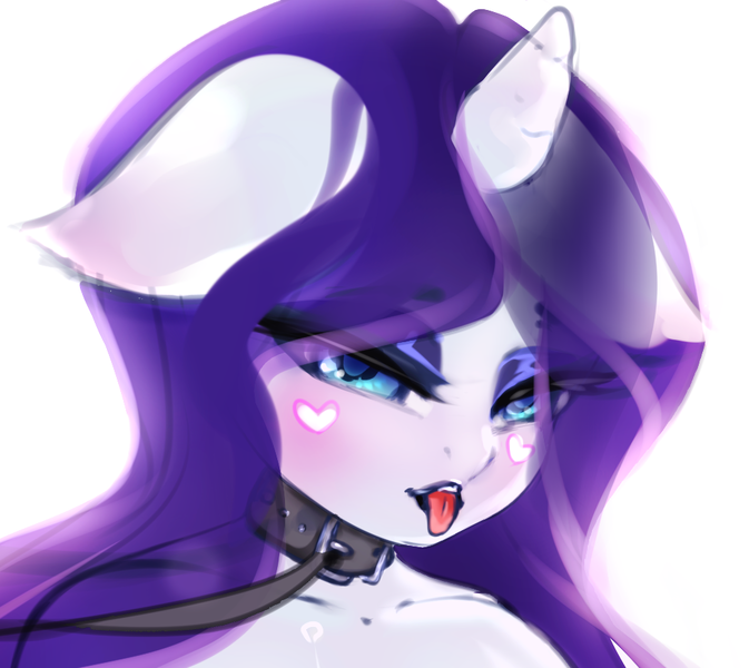 Size: 983x877 | Tagged: suggestive, alternate version, artist:haokan, derpibooru import, rarity, anthro, unicorn, ahegao, bedroom eyes, blushing, bust, collar, cropped, female, floppy ears, heart, hearts on cheeks, image, leash, lidded eyes, looking at you, open mouth, pet play, png, portrait, sketch, solo, solo female, tongue out