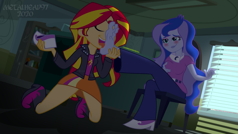 Size: 8000x4500 | Tagged: suggestive, artist:metalhead97, derpibooru import, princess luna, sunset shimmer, equestria girls, equestria girls (movie), bedroom eyes, blushing, boots, breast grab, breasts, canterlot high, clothes, commission, eyes closed, feet, female, females only, fetish, foot fetish, foot worship, grope, image, jacket, lesbian, licking, licking foot, lidded eyes, lunashimmer, office, one shoe off, png, school, schrödinger's pantsu, self grope, shipping, shoes, show accurate, skirt, soles, toes, tongue out, underass, underskirt, vice principal luna