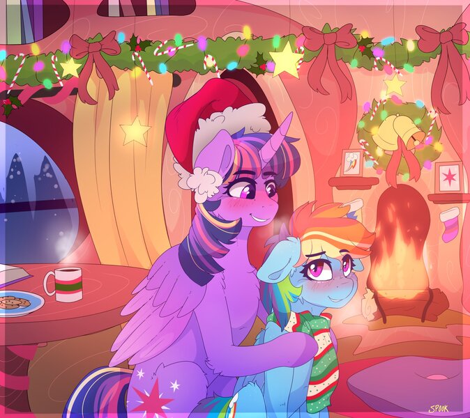 Size: 2048x1823 | Tagged: safe, artist:aaa-its-spook, derpibooru import, rainbow dash, twilight sparkle, twilight sparkle (alicorn), alicorn, pegasus, pony, bell, blushing, book, bow, candy, candy cane, christmas, christmas stocking, clothes, cookie, cute, female, fireplace, floppy ears, folded wings, food, golden oaks library, hat, hearth's warming, holiday, image, jpeg, lesbian, library, looking at each other, mare, mug, santa hat, scarf, shipping, sitting, smiling, stars, striped scarf, twidash, wings, wreath