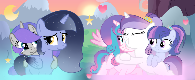 Size: 3338x1380 | Tagged: safe, artist:stellamoonshine, derpibooru import, princess flurry heart, oc, oc:christia armor, oc:libby heart, oc:luminous moon, oc:stella moonshine, pony, female, filly, image, mare, offspring, older, parent:princess cadance, parent:princess luna, parent:shining armor, parent:stygian, parents:shiningcadance, parents:styuna, png