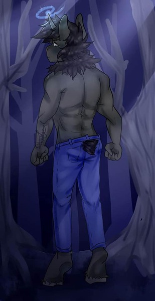 Size: 494x960 | Tagged: safe, alternate version, artist:beyond_inside, derpibooru import, oc, unofficial characters only, anthro, unguligrade anthro, unicorn, clothes, forest, glowing horn, horn, image, jpeg, pants, partial nudity, signature, solo, topless, tree, unicorn oc, unshorn fetlocks