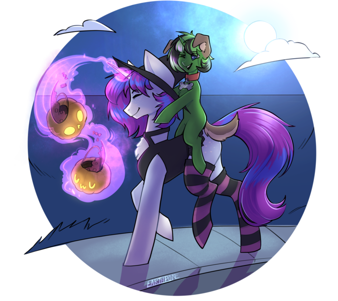 Size: 3089x2752 | Tagged: safe, artist:earthpone, derpibooru import, oc, oc:starline moongazer, unofficial characters only, pony, unicorn, candy, clothes, dressup, food, halloween, hat, holiday, image, moon, night, png, pumpkin, pumpkin bucket, simple background, socks, striped socks, transparent background, witch hat