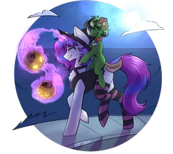 Size: 3089x2752 | Tagged: safe, artist:earthpone, derpibooru import, oc, oc:starline moongazer, unofficial characters only, pony, unicorn, candy, clothes, dressup, food, halloween, hat, holiday, image, moon, night, png, pumpkin, pumpkin bucket, simple background, socks, striped socks, transparent background, witch hat