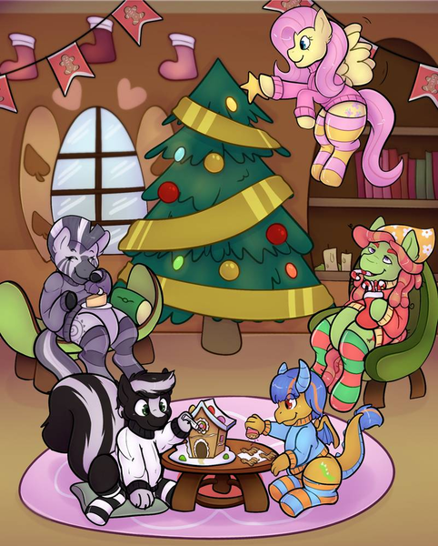 Size: 801x998 | Tagged: safe, artist:zombineko, derpibooru import, fluttershy, tree hugger, zecora, oc, oc:magma flare, oc:zenawa skunkpony, dracony, dragon, hybrid, pony, skunk, skunk pony, candy canes, christmas, christmas stocking, christmas tree, clothes, decoration, dracony oc, eating, family, fluttershy's cottage (interior), flying, gingerbread house, gingerbread ponies, hearth's warming, hearth's warming eve, holiday, image, oc and canon, party, png, pumpkin pie, sitting, socks, striped socks, sweater, thigh highs, tree