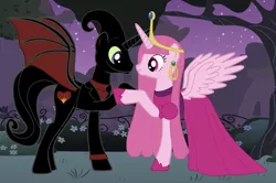Size: 3776x2512 | Tagged: safe, derpibooru import, ponified, pony, adventure time, business suit, canterlot, cartoon network, clothes, crossover, dress, female, holding hooves, husband and wife, image, male, mare, nergal, nergal and princess bubblegum, night, png, pony maker, princess bubblegum, stallion, the grim adventures of billy and mandy