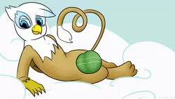 Size: 1280x720 | Tagged: safe, artist:wingston, derpibooru import, oc, oc:chrono the griffon, unofficial characters only, gryphon, censored, cloud, commission, digital art, image, jpeg, looking at you, lying down, male, not gilda, sky, solo, tail, wings