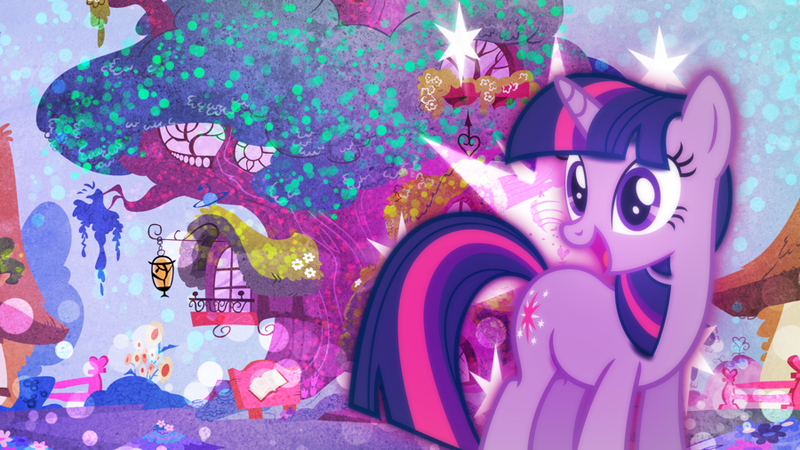 Size: 900x506 | Tagged: safe, artist:amgiwolf, derpibooru import, twilight sparkle, pony, unicorn, eyelashes, female, golden oaks library, image, library, mare, outdoors, png, ponyville, smiling, solo, sparkles, unicorn twilight