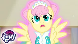 Size: 1280x720 | Tagged: safe, derpibooru import, screencap, fluttershy, green isn't your color, clothes, dress, image, jewelry, jpeg, my little pony logo, solo, tiara, youtube link, youtube thumbnail