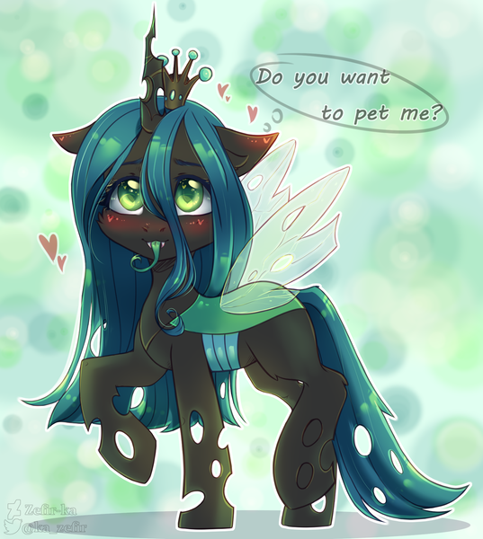 Size: 1744x1948 | Tagged: safe, artist:zefirka, derpibooru import, queen chrysalis, changeling, changeling queen, blushing, bronybait, cute, cutealis, female, hoof hold, image, png, talking to viewer, tongue out
