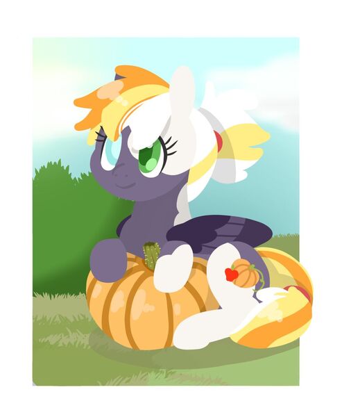 Size: 1280x1558 | Tagged: safe, artist:sandieapple, derpibooru import, oc, oc:apple harvest, earth pony, pony, cute, female, filly, heterochromia, image, jpeg, magical lesbian spawn, offspring, parent:applejack, parent:inky rose, parents:inkyjack, pumpkin, solo