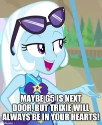 Size: 500x615 | Tagged: safe, derpibooru import, edit, edited screencap, screencap, trixie, equestria girls, equestria girls series, forgotten friendship, beach, caption, clothes, female, g5, image, image macro, imgflip, jpeg, meme, open mouth, sitting, solo, sunglasses, swimsuit, text