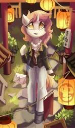 Size: 2364x4000 | Tagged: safe, alternate version, artist:saxopi, derpibooru import, oc, oc:crispy cream, unofficial characters only, semi-anthro, unicorn, clothes, coat, image, jpeg, lantern, pants, paper lantern, purse, scarf, solo, winter clothes, yellow eyes