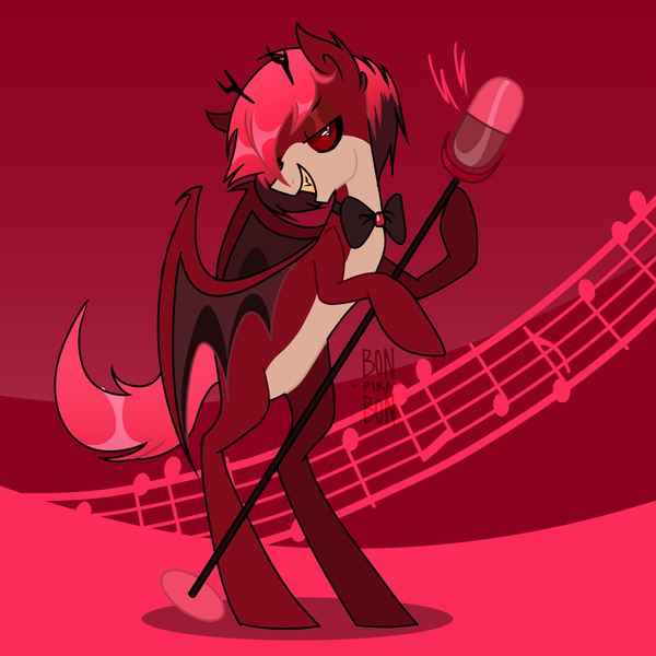 Size: 4000x4000 | Tagged: safe, artist:bonpikabon, derpibooru import, ponified, bat pony, demon, demon pony, original species, pony, alastor, bedroom eyes, bipedal, bowtie, crossover, grin, hazbin hotel, image, male, microphone, png, raised hoof, smiling, solo, stallion