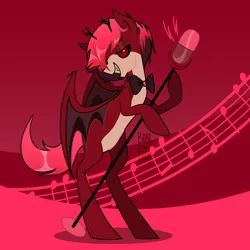 Size: 4000x4000 | Tagged: safe, artist:bonpikabon, derpibooru import, ponified, bat pony, demon, demon pony, original species, pony, alastor, bedroom eyes, bipedal, bowtie, crossover, grin, hazbin hotel, image, male, microphone, png, raised hoof, smiling, solo, stallion