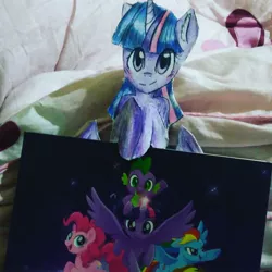 Size: 1080x1080 | Tagged: safe, artist:cats_drawings_cos, derpibooru import, pinkie pie, rainbow dash, spike, twilight sparkle, twilight sparkle (alicorn), alicorn, dragon, earth pony, pegasus, pony, female, glowing horn, horn, image, irl, jpeg, mare, photo, riding, smiling, spike riding twilight, traditional art, wings