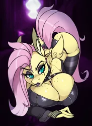 Size: 822x1122 | Tagged: suggestive, artist:lil miss jay, derpibooru import, fluttershy, anthro, pegasus, full service playing cards, ass up, belts, big breasts, breasts, busty fluttershy, cleavage, clothes, collar, floating wings, fluttergoth, freckles, goth, huge breasts, image, jpeg, leather, lipstick, looking at you, panties, socks, thigh highs, underwear, wings