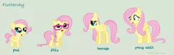 Size: 2336x736 | Tagged: safe, artist:nightydream, derpibooru import, fluttershy, pony, 5-year-old, age progression, female, filly, filly fluttershy, glasses, image, png, simple background, younger