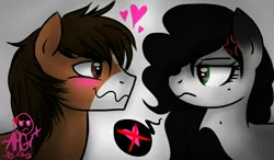 Size: 1280x750 | Tagged: safe, artist:amgiwolf, derpibooru import, oc, oc:amgi, unofficial characters only, earth pony, pony, bust, cross-popping veins, duo, eyelashes, female, frown, heart, heartbreak, image, jpeg, male, mare, pictogram, shipping denied, signature, stallion, unamused, wavy mouth