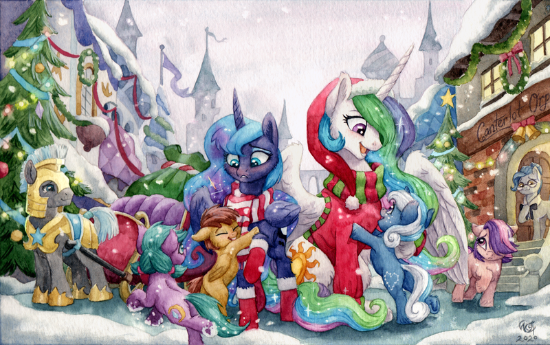 Size: 3280x2057 | Tagged: safe, artist:the-wizard-of-art, derpibooru import, princess celestia, princess luna, oc, alicorn, earth pony, pegasus, pony, unicorn, blushing, canterlot, canterlot castle, christmas, christmas tree, curved horn, female, filly, hat, holiday, horn, image, male, mare, orphanage, orphans, png, royal guard, santa hat, santa sack, snow, snowfall, stallion, traditional art, tree, watercolor painting, watercolour