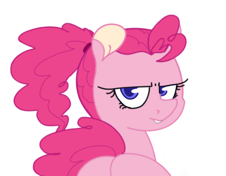 Size: 850x662 | Tagged: safe, artist:losemeh, derpibooru import, pinkie pie, earth pony, pony, alternate hairstyle, ass, balloonbutt, blue eyes, butt, colored pupils, disapproval, female, frown, image, look of disapproval, looking at you, looking back, looking over shoulder, mare, my eyes are up here, pinkie pie is not amused, png, ponytail, protruding teeth, scowl, scrunchie, simple background, solo, transparent background, unamused