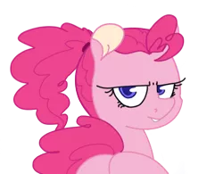 Size: 850x662 | Tagged: safe, artist:losemeh, derpibooru import, pinkie pie, earth pony, pony, alternate hairstyle, ass, balloonbutt, blue eyes, butt, colored pupils, disapproval, female, frown, image, look of disapproval, looking at you, looking back, looking over shoulder, mare, my eyes are up here, pinkie pie is not amused, png, ponytail, protruding teeth, scowl, scrunchie, simple background, solo, transparent background, unamused