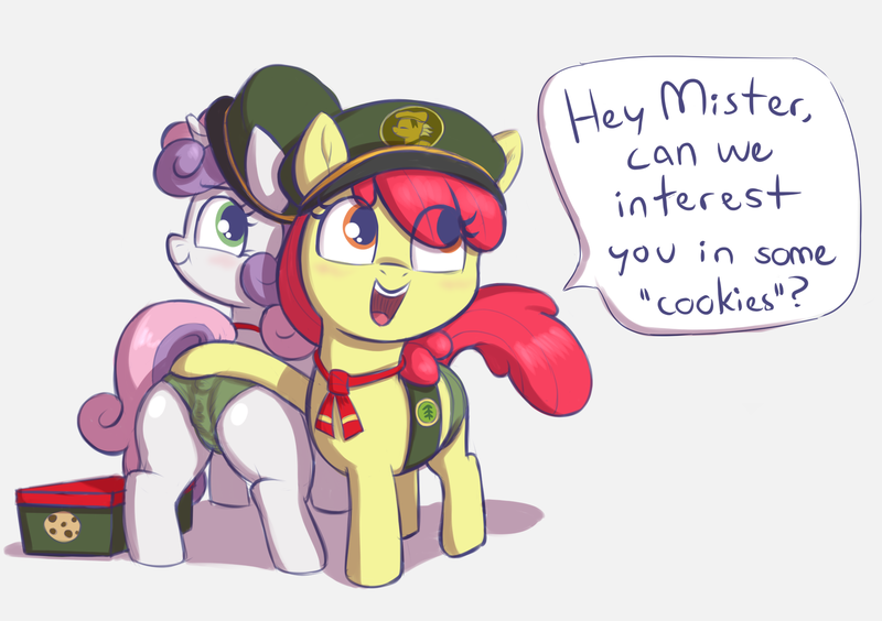 Size: 1953x1376 | Tagged: questionable, artist:heretichesh, derpibooru import, apple bloom, sweetie belle, earth pony, pony, unicorn, blushing, box, butt touch, cameltoe, clothes, cookie, dialogue, female, filly, filly guides, foalcon, food, hat, hoof on butt, image, panties, png, presenting, prostitution, ribbon, smiling, text, underage, underwear