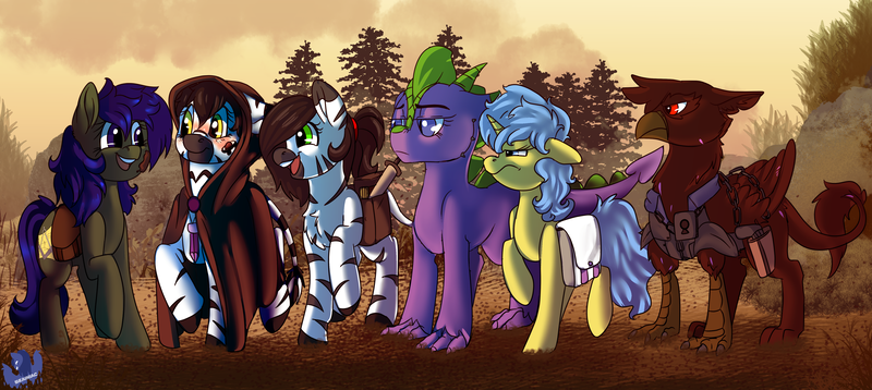 Size: 4830x2160 | Tagged: safe, artist:brainiac, derpibooru import, oc, oc:charity, oc:majina, oc:precious, oc:pythia, oc:scotch tape, oc:skylord, dracony, dragon, earth pony, gryphon, hybrid, pony, unicorn, zebra, fallout equestria, fallout equestria: homelands, commission, derpibooru exclusive, fanfic art, group shot, image, png