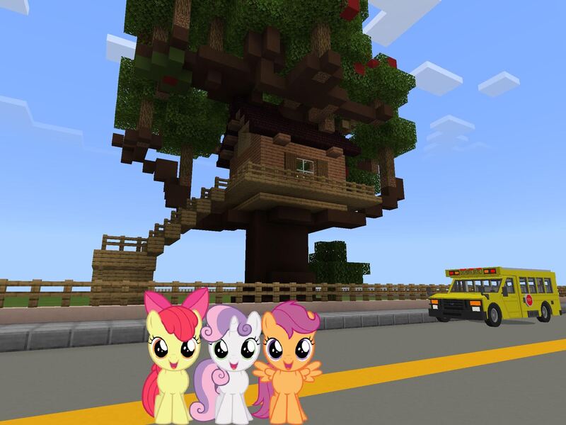 Size: 2048x1536 | Tagged: safe, artist:thatguy1945, artist:topsangtheman, derpibooru import, apple bloom, scootaloo, sweetie belle, earth pony, pegasus, pony, unicorn, clubhouse, crusaders clubhouse, image, jpeg, looking at you, minecraft, school bus