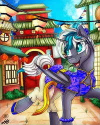 Size: 2000x2500 | Tagged: safe, alternate version, artist:stainedglasslighthea, derpibooru import, oc, oc:elizabat stormfeather, unofficial characters only, alicorn, bat pony, bat pony alicorn, pony, alicorn oc, alternate hairstyle, bat pony oc, bat wings, belt, bracelet, building, bush, chinese dress, chinese new year, clothes, commission, dress, female, flats, hair bun, hoof shoes, horn, image, jewelry, lantern, lunar new year, mare, open mouth, pants, png, raised hoof, raised leg, shoes, solo, wings, ych result, year of the ox