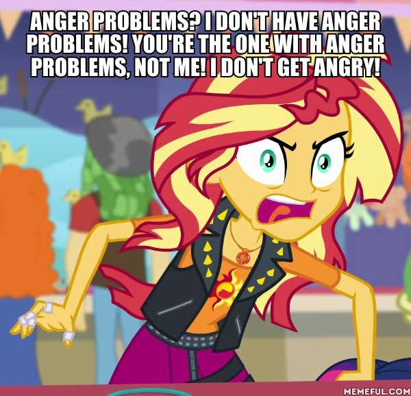 Size: 600x578 | Tagged: safe, derpibooru import, edit, edited screencap, screencap, golden hazel, sandalwood, sunset shimmer, equestria girls, equestria girls series, rollercoaster of friendship, angry, blatant lies, caption, geode of empathy, image, image macro, irony, jpeg, magical geodes, memeful.com, rageset shimmer, sunset shimmer is mad about everything, text, that pony sure have anger issues