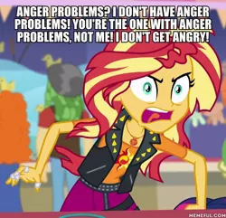 Size: 600x578 | Tagged: safe, derpibooru import, edit, edited screencap, screencap, golden hazel, sandalwood, sunset shimmer, equestria girls, equestria girls series, rollercoaster of friendship, angry, blatant lies, caption, geode of empathy, image, image macro, irony, jpeg, magical geodes, memeful.com, rageset shimmer, sunset shimmer is mad about everything, text, that pony sure have anger issues