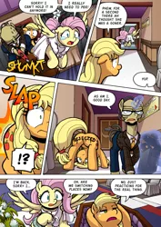Size: 1204x1700 | Tagged: safe, artist:tarkron, derpibooru import, applejack, fluttershy, oc, oc:fund guard, earth pony, pegasus, pony, unicorn, comic:what happens in las pegasus, applebutt, applejack is a spankaholic, applejack's hat, axe, butt, clothes, comic, cowboy hat, crying, dress, elegant, eyes closed, fail, feather, female, flower, glasses, hat, image, magic, mare, need to pee, old, open mouth, playing dead, png, potty time, radio, rejected, running, spanking, stamp, tears of pain, teary eyes, telekinesis, toilet, weapon, wedding dress
