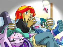Size: 2224x1668 | Tagged: safe, artist:batipin, derpibooru import, juniper montage, pinkie pie, starlight glimmer, sunset shimmer, trixie, wallflower blush, equestria girls, alcohol, beer, blushing, breasts, busty starlight glimmer, cider, couch, drinking, drunk, drunk trixie, drunker glimmer, drunker shimmer, drunkie pie, female, go home you're drunk, grin, hard cider, image, jpeg, looking at you, lying down, magical trio, mobile phone, open mouth, phone, smartphone, smiling, the great and alcoholics trixie, volumetric mouth