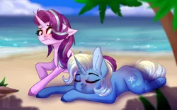 Size: 1920x1188 | Tagged: safe, artist:elektra-gertly, derpibooru import, starlight glimmer, trixie, pony, unicorn, beach, blushing, colored hooves, female, image, lesbian, lip bite, lying down, png, prone, shipping, sploot, startrix, wavy mouth