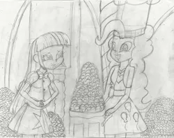 Size: 4148x3290 | Tagged: safe, artist:redfern05, derpibooru import, pinkie pie, twilight sparkle, equestria girls, maud pie (episode), chef's hat, chubby, duo, duo female, female, hat, high res, image, jpeg, monochrome, rock candy, sketch, stuffed, traditional art