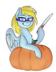 Size: 1107x1437 | Tagged: safe, artist:haruhi-il, derpibooru import, oc, oc:cloud cuddler, unofficial characters only, pegasus, pony, accessories, commission, female, glasses, halloween, holiday, image, knife, nightmare night, png, pumpkin, pumpkin carving, solo, tongue out, ych result