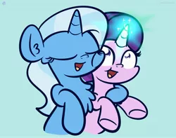Size: 3250x2560 | Tagged: safe, artist:kimjoman, derpibooru import, starlight glimmer, trixie, pony, unicorn, blue background, chest fluff, ear fluff, female, glowing horn, horn, hug, image, jpeg, lesbian, magic, mare, open mouth, shipping, simple background, startrix