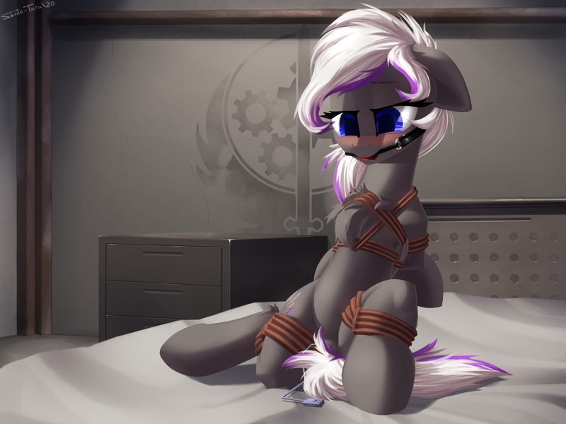 Size: 2800x2100 | Tagged: explicit, alternate version, artist:shido-tara, derpibooru import, oc, oc:lyum, unofficial characters only, pegasus, pony, fallout equestria, ballgag, bed, bondage, bound wings, chest fluff, commission, gag, image, nudity, on bed, pegasus oc, png, rope, rope bondage, sex toy, tied up, vibrator, vulva, wings