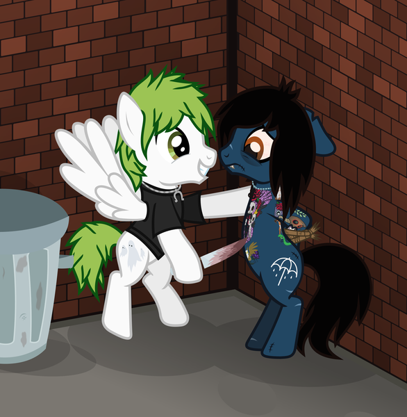 Size: 1896x1942 | Tagged: semi-grimdark, artist:lightningbolt, derpibooru import, part of a set, oc, ponified, ponified:oliver sykes, earth pony, pegasus, pony, undead, zombie, zombie pony, .svg available, awsten knight, bipedal, bloodshot eyes, brick wall, bring me the horizon, clothes, colored pupils, colored sclera, derpibooru exclusive, drop dead clothing, duo, duo male, dyed mane, dyed tail, fangs, floppy ears, flying, glasgow smile, grin, hooves behind back, image, imminent gore, imminent pain, jewelry, knife, male, necklace, png, rope, scar, shirt, smiling, spread wings, stallion, stitches, t-shirt, tattoo, this will end in pain, tied up, torn ear, trash can, vector, waterparks, wings