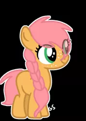 Size: 588x828 | Tagged: safe, artist:angellight-bases, artist:lavenderpetal7, derpibooru import, oc, unofficial characters only, earth pony, pony, base used, black background, blank flank, eye clipping through hair, female, filly, foal, freckles, green eyes, image, jpeg, offspring, orange coat, outline, parent:big macintosh, parent:fluttershy, parents:fluttermac, pink mane, simple background, smiling, solo