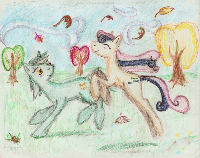 Size: 2478x1964 | Tagged: safe, artist:kriahfox, derpibooru import, bon bon, lyra heartstrings, sweetie drops, earth pony, pony, unicorn, colored pencil drawing, female, image, jpeg, jumping, leaves, lesbian, lyrabon, mare, shipping, smiling, traditional art, tree, wind, windswept mane