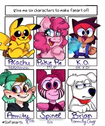 Size: 858x1024 | Tagged: safe, alternate version, artist:_julianaf06_, derpibooru import, pinkie pie, anthro, dog, earth pony, human, pikachu, pony, six fanarts, amity blight, anthro with ponies, brian griffin, bust, clothes, collar, colored, crossover, eye clipping through hair, eyelashes, family guy, female, glowing hands, image, jpeg, male, mare, ok ko let's be heroes, open mouth, pokémon, smiling, spinel (steven universe), steven universe, the owl house, unamused