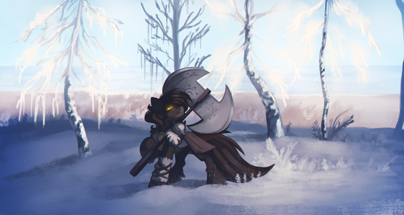 Size: 3988x2126 | Tagged: safe, artist:hagalazka, derpibooru import, oc, unofficial characters only, pony, axe, battle axe, image, png, snow, solo, weapon, winter