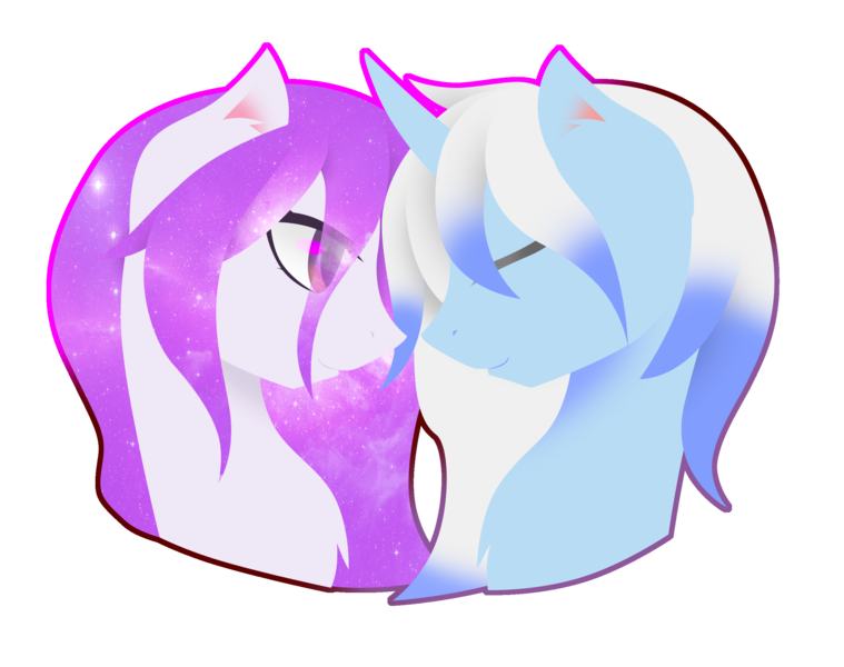 Size: 2620x2072 | Tagged: safe, artist:riariirii2, derpibooru import, oc, unofficial characters only, earth pony, pony, unicorn, bust, duo, earth pony oc, ethereal mane, eyes closed, galaxy mane, horn, image, png, simple background, transparent background, unicorn oc