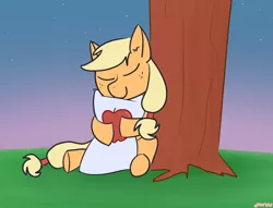 Size: 2163x1652 | Tagged: safe, artist:purblehoers, derpibooru import, applejack, earth pony, pony, apple, body pillow, evening, female, food, grass, happy, hugging a pillow, image, love, png, sky, smiling, solo, stars, that pony sure does love apples, tree