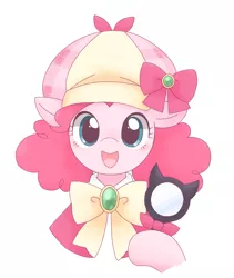 Size: 1729x2048 | Tagged: safe, artist:arrow__root, derpibooru import, pinkie pie, pony, alternate hairstyle, bust, clothes, cosplay, costume, crossover, cute, deerstalker, detective, diapinkes, female, hat, hoof hold, image, jpeg, looking at you, magnifying glass, mare, open mouth, sherlock shellingford, simple background, smiling, solo, suzuko mimori, tantei opera milky holmes, tstivv is trying to murder us, voice actor joke, white background