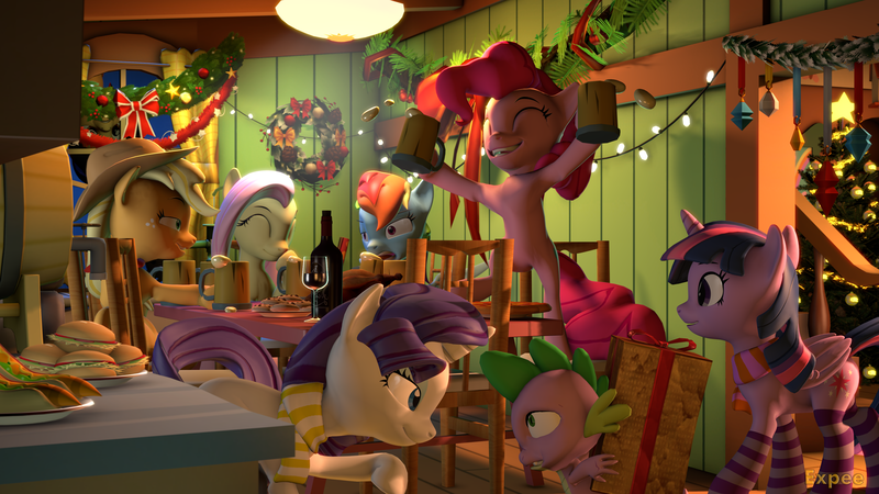 Size: 3840x2160 | Tagged: safe, artist:apimiku, artist:expee, derpibooru import, applejack, fluttershy, pinkie pie, rainbow dash, rarity, spike, twilight sparkle, twilight sparkle (alicorn), alicorn, 3d, bottle, burger, carrot, carrot dog, christmas, cider mug, clothes, contest entry, female, fluttershy's cottage, food, glass, hay burger, hearth's warming, hearth's warming eve, holiday, hoof hold, image, male, mane seven, mane six, mug, png, poster, present, scarf, shipping, socks, source filmmaker, sparity, straight, striped socks, wholesome, wine bottle, wine glass