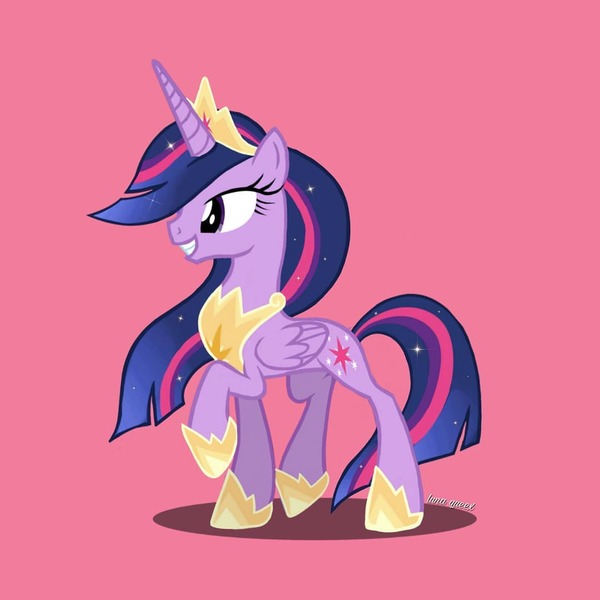 Size: 1080x1080 | Tagged: safe, alternate version, artist:luna.queex, derpibooru import, princess twilight 2.0, twilight sparkle, twilight sparkle (alicorn), alicorn, pony, the last problem, crown, cutie mark, ethereal mane, eyelashes, female, grin, hoof shoes, horn, image, jewelry, jpeg, mare, older, older twilight, peytral, pink background, raised hoof, regalia, signature, simple background, smiling, solo, starry mane, tiara, wings